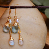 Topaz, Moonstone, Akoya Pearl Cascading Earrings Gold