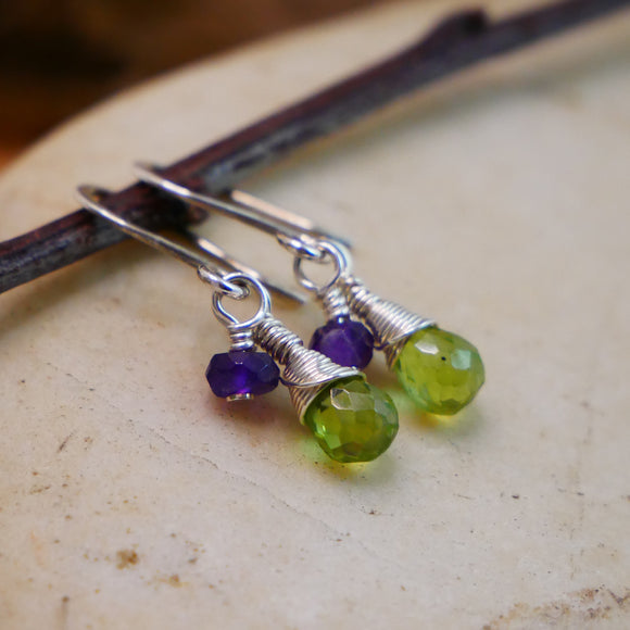 Peridot, Amethyst Drop Earring Silver