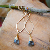 Rutilated Quartz, Leaf Hoop Earrings, Gold