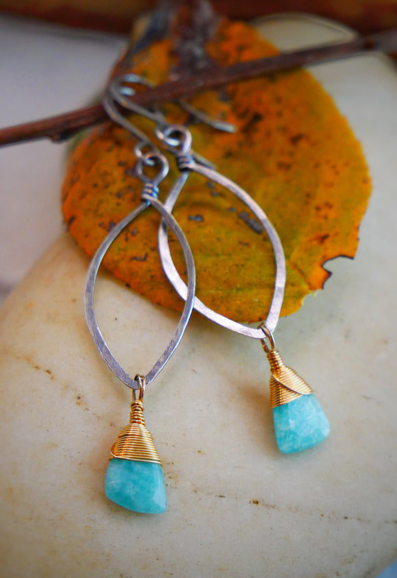 Amazonite Leaf Hoops Silver and Gold