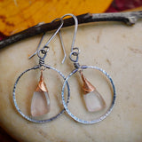 Rose Quartz Hammered Hoops, Silver and Rose Gold