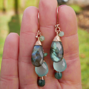 Labradorite, Chalcedony, Emerald, Cluster Earrings Silver and Rose Gold