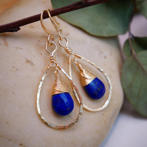 Lapis Teardrop Hammered Hoop Gold