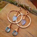 Moonstone, Topaz, Hammered Hoop Earrings, Rose Gold