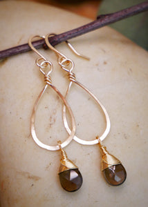 Smokey Quartz Gold Teardrop Hoops