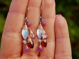 Moonstone, Garnet, Pink Sapphire, Topaz Cluster Earrings Silver and Rose Gold