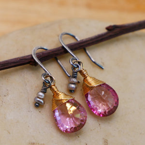 Pink Topaz, Akoya Pearl Drop Earrings Silver and Gold