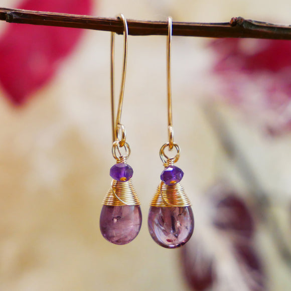 Purple Spinel, Amethyst Drop Earrings Gold