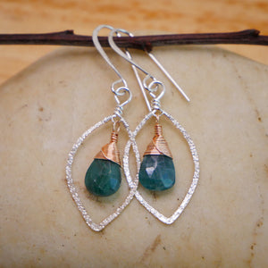 Grandidierite Hammered Leaf Hoops Silver and Rose Gold