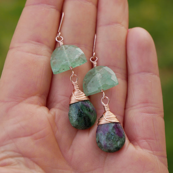 Emerald and Ruby Zoisite Drop Earrings Rose Gold