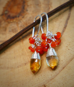 Citrine and Carnelian Cluster Earrings Silver
