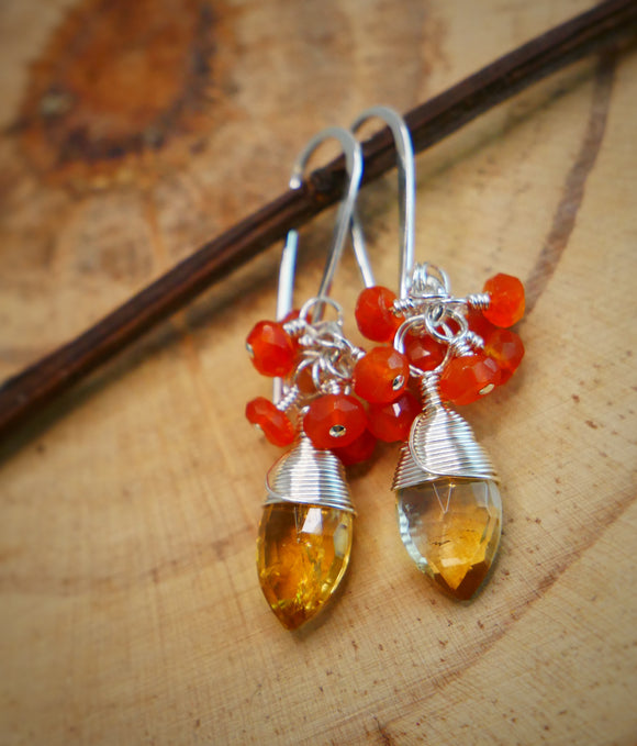 Citrine and Carnelian Cluster Earrings Silver