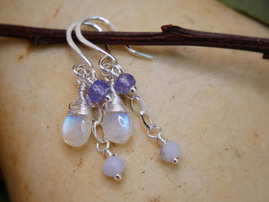 Moonstone, Tanzanite, Blue Lace Agate Cascading Earrings Silver