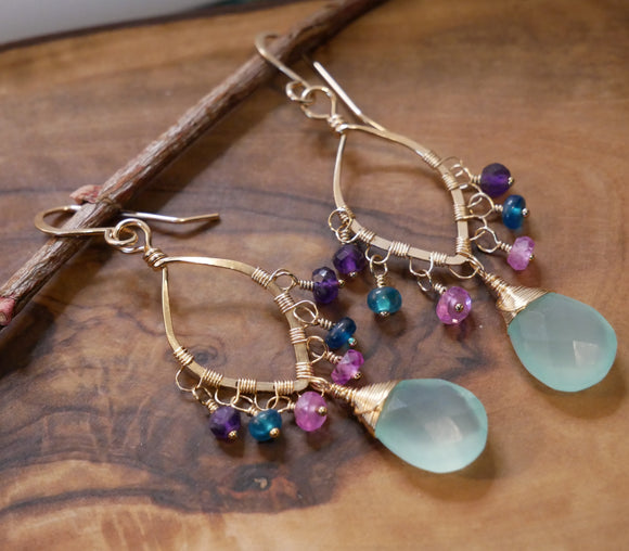 Chalcedony, Pink Sapphire, Amethyst, Apatite Chandelier Earrings Gold