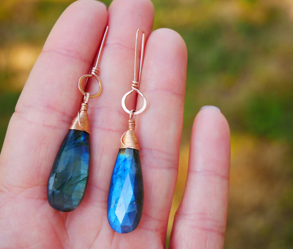 Labradorite Threader Hoops Rose Gold