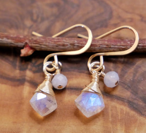 Moonstone, Blue Lace Agate Drop Earrings Gold