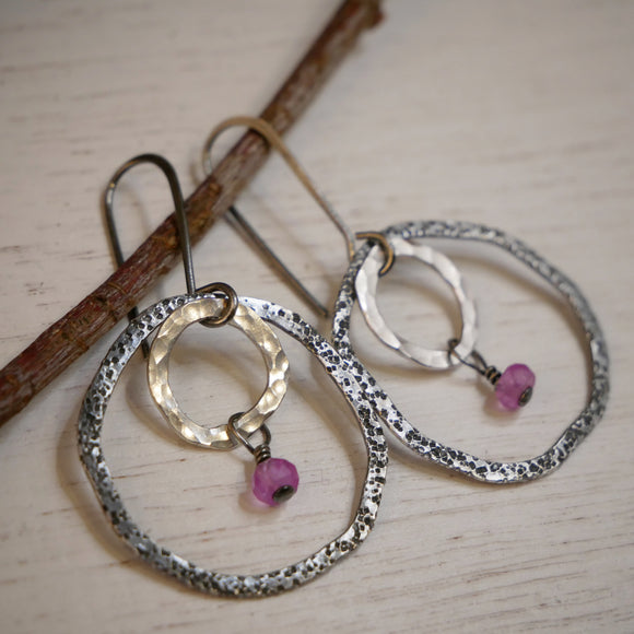 Pink Sapphire Double Hammered Hoops Light and Dark Silver