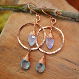 Moonstone, Topaz, Hammered Hoop Earrings, Rose Gold