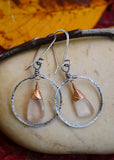 Rose Quartz Hammered Hoops, Silver and Rose Gold