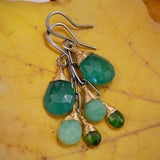 Green Onyx, Chrysoprase, Chrome Diopside Cluster Earrings Silver and Gold