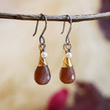 Chocolate Moonstone, Pearl, Silver and Gold Drop Earrings
