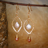 Peach Moonstone, Pearl, Hammered Leaf Hoop Gold