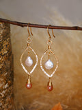 Peach Moonstone, Pearl, Hammered Leaf Hoop Gold