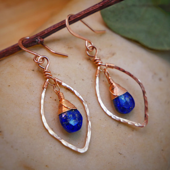 Lapis Hammered Leaf Hoops Rose Gold