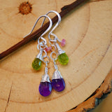 Peridot, Amethyst, Pink Tourmaline Cascading Earrings Silver