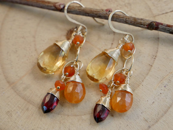 Citrine, Orange and Red Garnet, Carnelian Cluster Earrings Gold