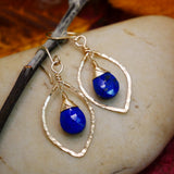 Lapis, Hammered Leaf Hoop Earrings Gold