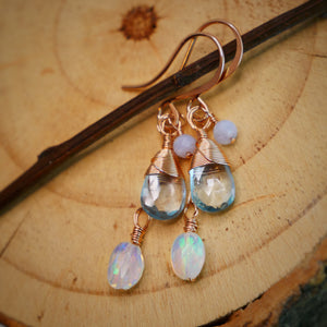 Topaz, Opal, Blue Lace Agate Cascading Earrings Rose Gold