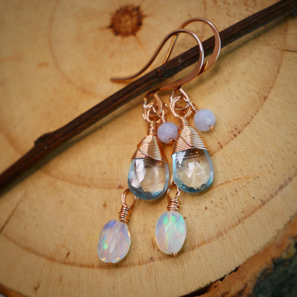 Topaz, Opal, Blue Lace Agate Cascading Earrings Rose Gold