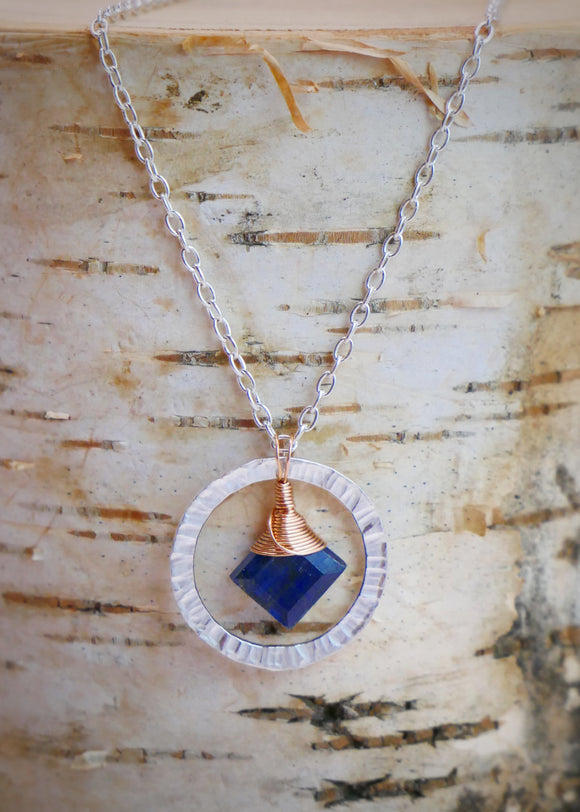 Kyanite Hammered Hoop Pendant Necklace Silver and Rose Gold
