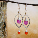 Pink Sapphire, Carnelian, Hammered Leaf Hoop Sterling Silver