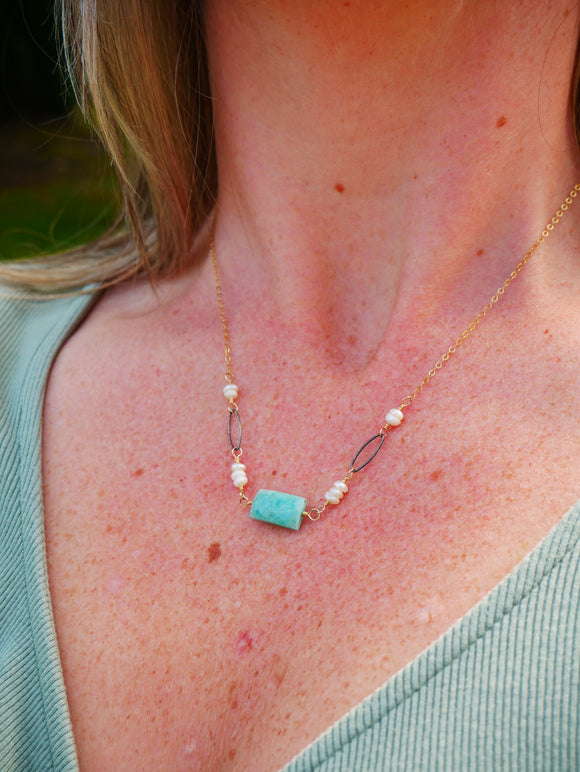 Amazonite, Pearl Necklace Gold and Silver