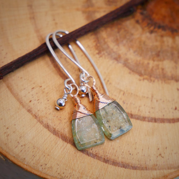 Green Kyanite Drop Earrings Silver and Rose Gold