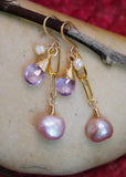Amethyst, Pearl, Cascading Earrings Gold