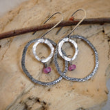Pink Sapphire Double Hammered Hoops Light and Dark Silver