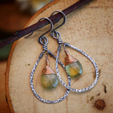 Green Sapphire Teardrop Hoops Silver and Rose Gold