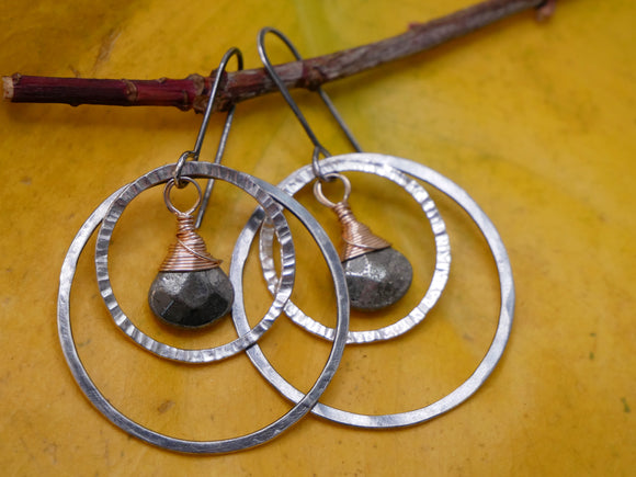 Pyrite Double Hammered Hoops Silver and Rose Gold