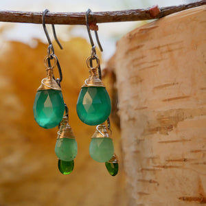 Green Onyx, Chrysoprase, Chrome Diopside Cluster Earrings Silver and Gold