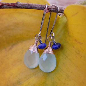 Chalcedony, Lapis Drop Earrings Silver and Rose Gold