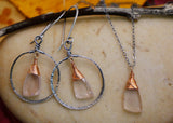 Rose Quartz Hammered Hoops, Silver and Rose Gold