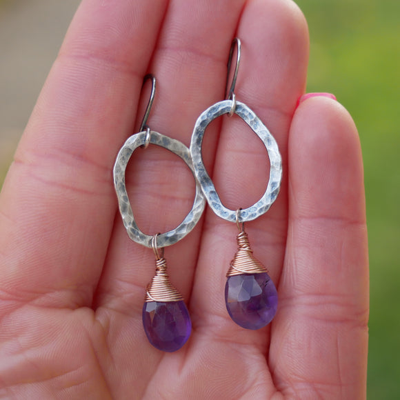 Amethyst Abstract Hammered Hoops Silver and Rose Gold