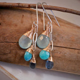 Chalcedony, Turquoise, Kyanite Cluster Earrings Silver and Rose Gold