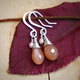Peach Moonstone, Pearl Drop Earrings Silver
