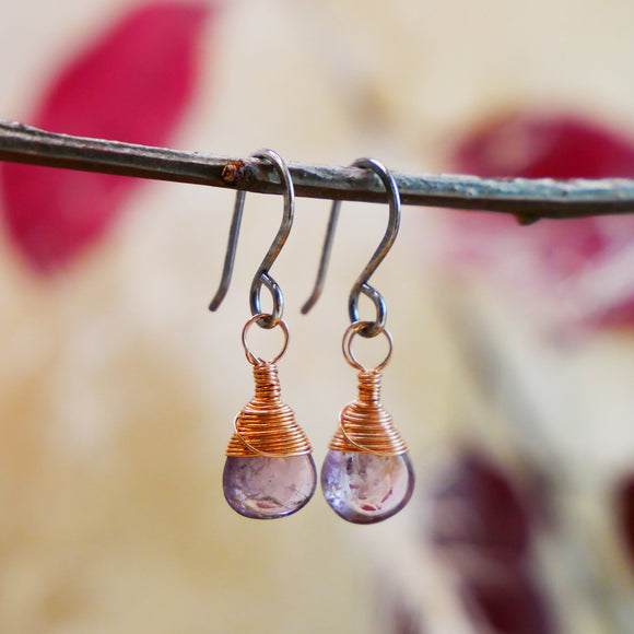 Purple Spinel Drop Earrings Silver and Rose Gold