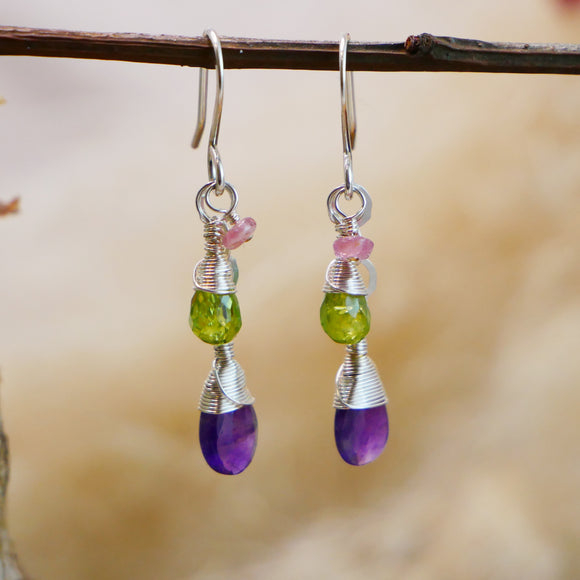 Peridot, Amethyst, Pink Tourmaline Cascading Earrings Silver