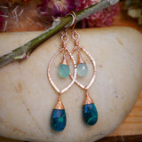 Chalcedony, Chrysocolla Hammered Leaf Hoops Rose Gold